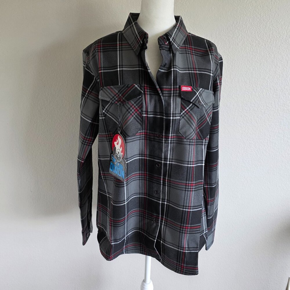 DIXXON Flannel Women Size L Black & Red Plaid Shirt Boneless 10 Year Anniversary